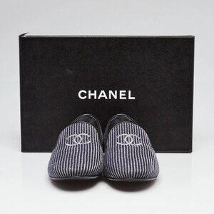 Chanel Grey/Dark Blue Striped Wool CC Moccasin Loafers Size 7/37.5